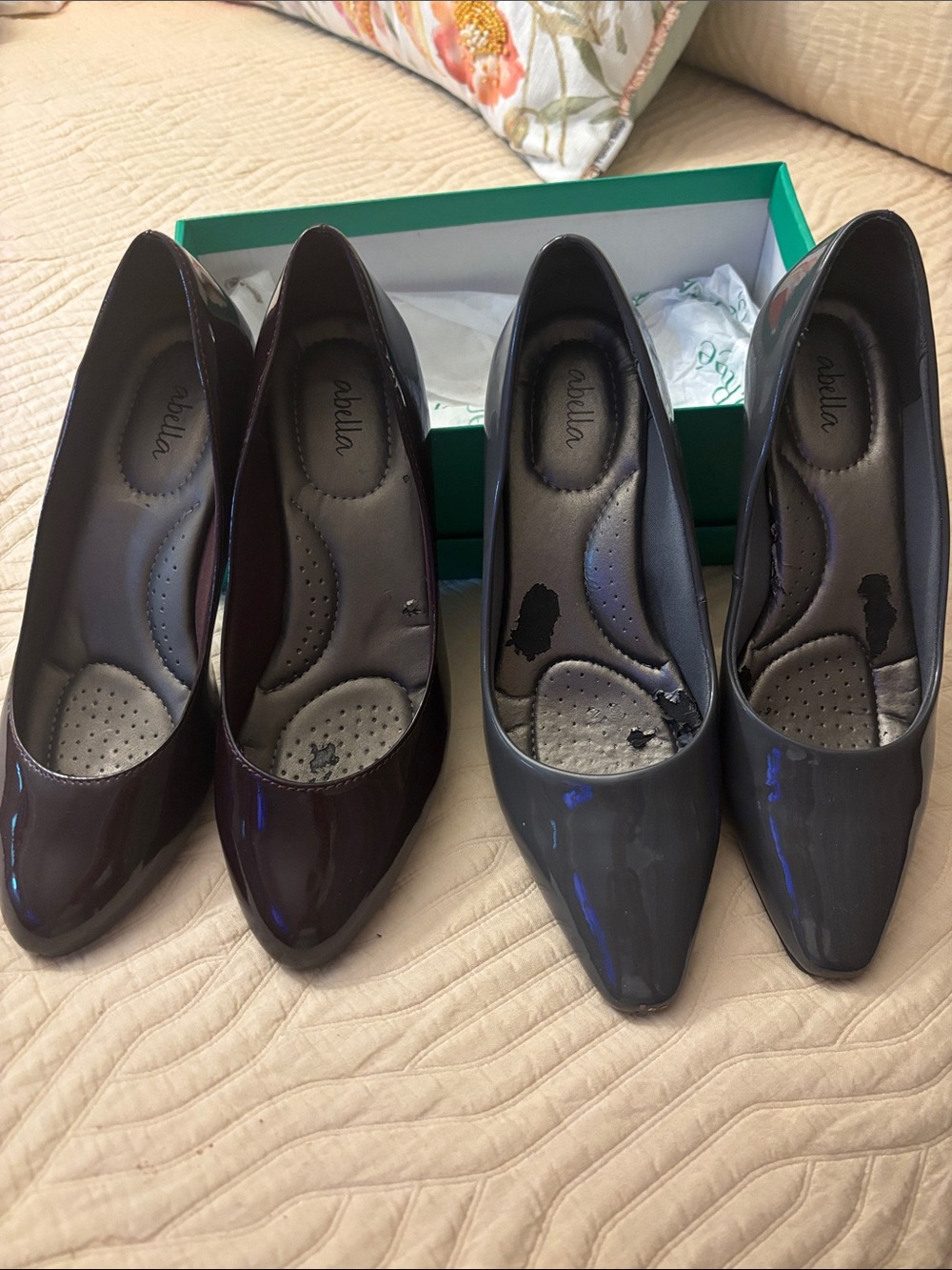 Abella Patent Pointed-Toe Pumps in Burgundy and Gray